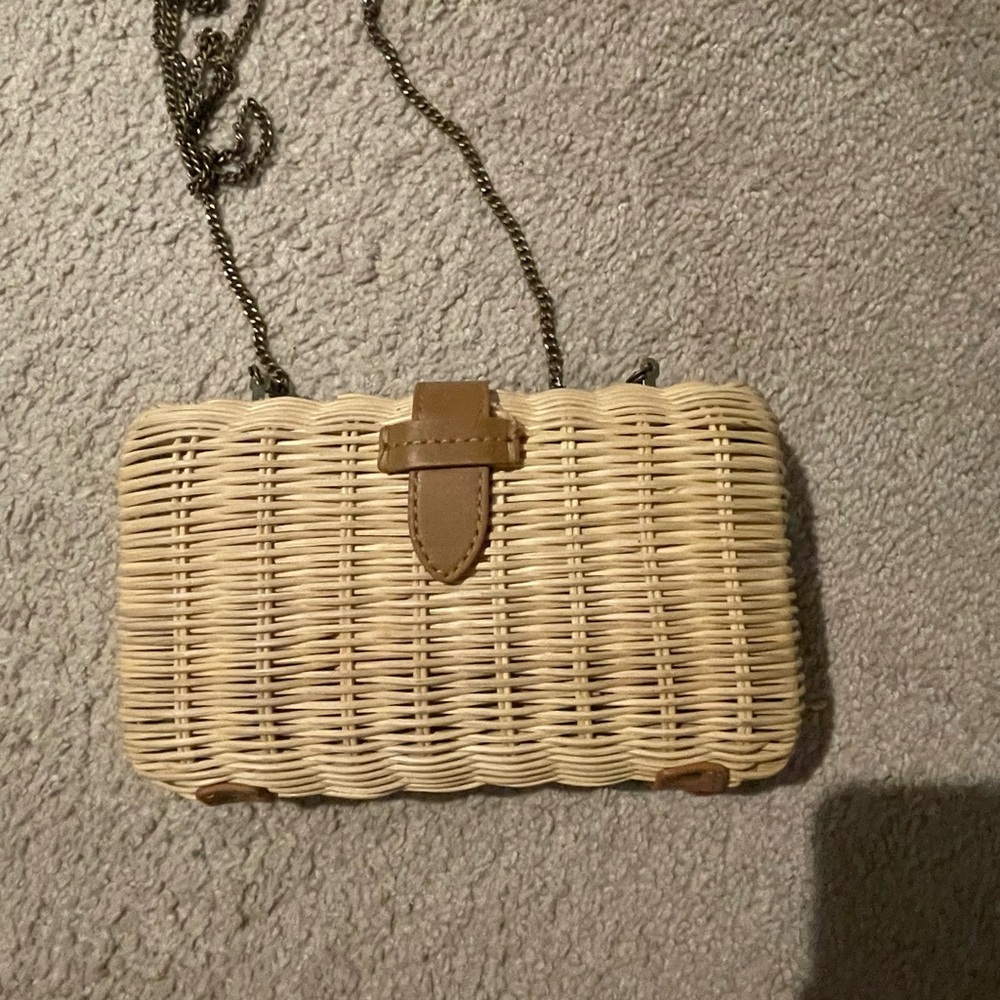 J. Crew Cream Woven Rattan Crossbody with Tan Trim